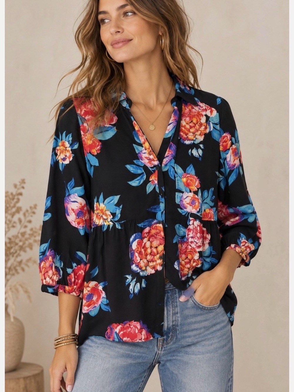 Maeve Anthropologie Black Floral Button-Down Blouse with Vibrant Blooms 8